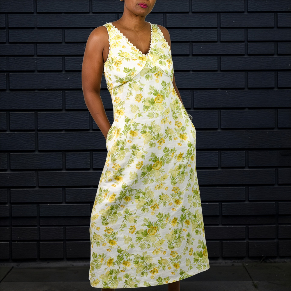 Laura Ashley Maxi Dress Yellow Floral Linen Blend Sheath Sleeveless Pockets 6